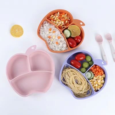Anti kayma silikon yemek tabağı entegre anti düşme bebek yemek tabağı elma şeklinde çocuklar masaüstü emici fincan kase